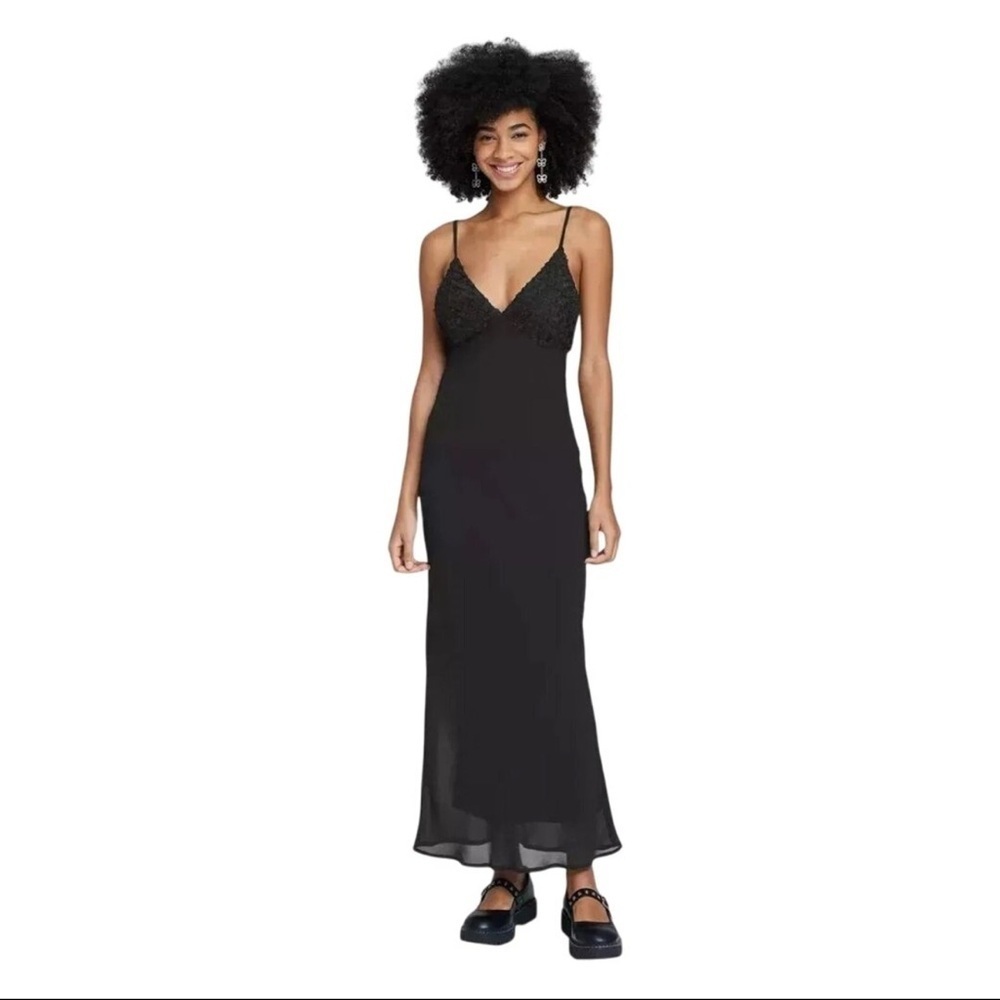 Elegant Black Rosette Spaghetti Strap Dress NWT